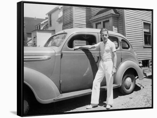 Teenage Boy Poses with the Family Car, Ca. 1940.-Kirn Vintage Stock-Framed Stretched Canvas