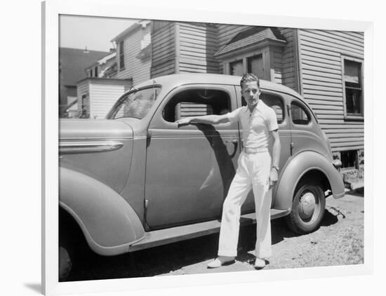 Teenage Boy Poses with the Family Car, Ca. 1940.-Kirn Vintage Stock-Framed Photographic Print