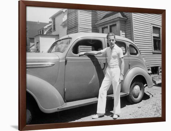 Teenage Boy Poses with the Family Car, Ca. 1940.-Kirn Vintage Stock-Framed Photographic Print