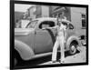 Teenage Boy Poses with the Family Car, Ca. 1940.-Kirn Vintage Stock-Framed Photographic Print