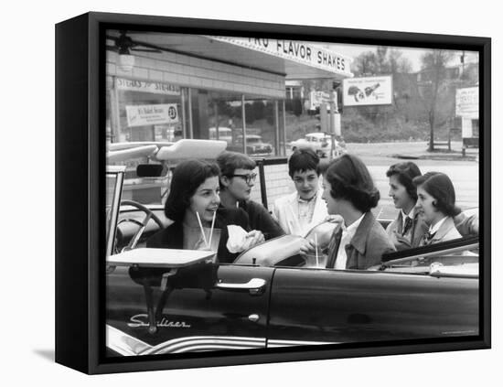 Teenage Girls Enjoying Milkshakes at Drive in Restaurant-Nina Leen-Framed Stretched Canvas