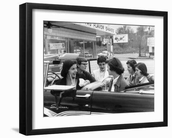 Teenage Girls Enjoying Milkshakes at Drive in Restaurant-Nina Leen-Framed Photographic Print