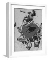 Teenaged Boys Using Blanket to Toss Their Friend, Norma Baker, Into the Air on the Beach-John Florea-Framed Photographic Print