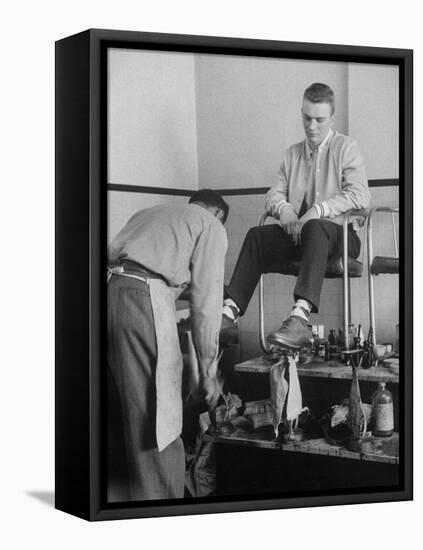 Teenager Getting Shoes Shined-Nina Leen-Framed Stretched Canvas