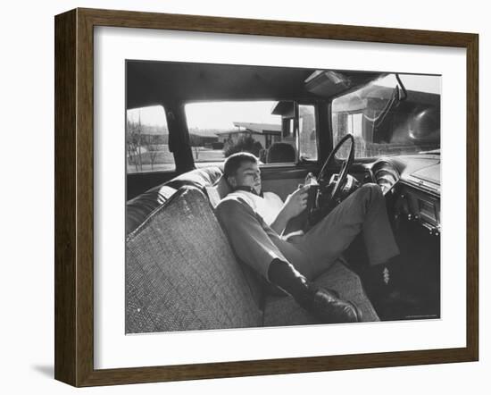 Teenager Robert Riesenmy Jr. Reading in Car at Home-Robert W^ Kelley-Framed Photographic Print