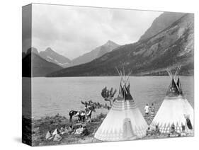 Teepee,Indians on Shore of Lake-Philip Gendreau-Stretched Canvas
