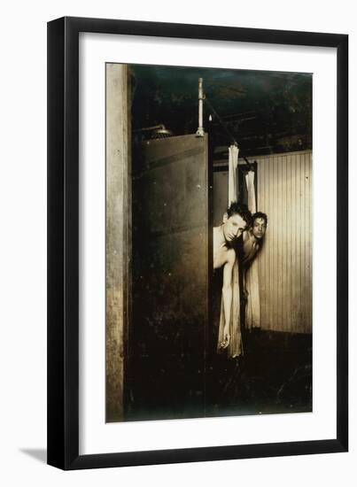 Telegraph boys using shower baths, Postal Tel. Co., Broadway, New York, 1910-Lewis Wickes Hine-Framed Photographic Print