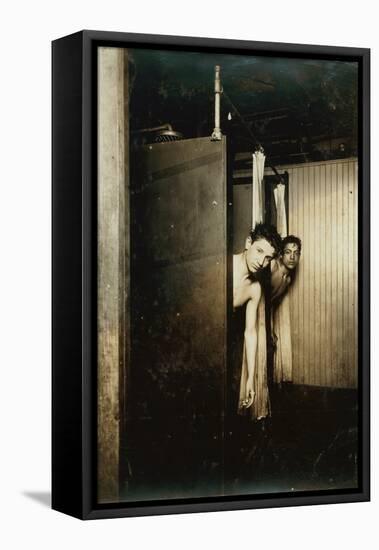 Telegraph boys using shower baths, Postal Tel. Co., Broadway, New York, 1910-Lewis Wickes Hine-Framed Stretched Canvas