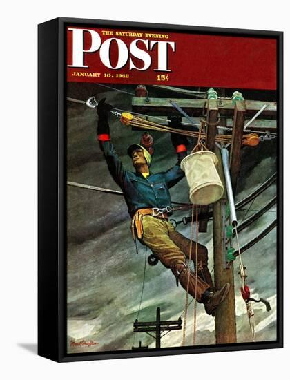 "Telephone Lineman," Saturday Evening Post Cover, January 10, 1948-Mead Schaeffer-Framed Stretched Canvas