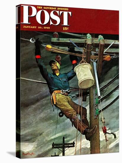 "Telephone Lineman," Saturday Evening Post Cover, January 10, 1948-Mead Schaeffer-Stretched Canvas