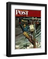 "Telephone Lineman," Saturday Evening Post Cover, January 10, 1948-Mead Schaeffer-Framed Premium Giclee Print