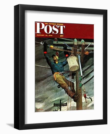 "Telephone Lineman," Saturday Evening Post Cover, January 10, 1948-Mead Schaeffer-Framed Premium Giclee Print
