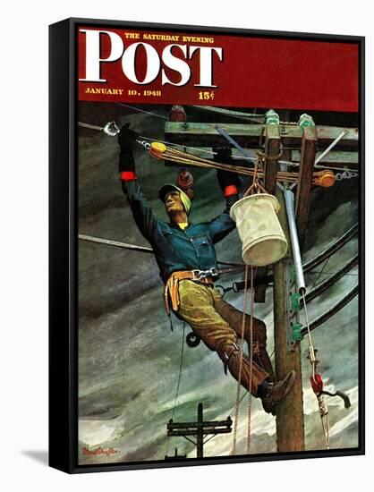 "Telephone Lineman," Saturday Evening Post Cover, January 10, 1948-Mead Schaeffer-Framed Stretched Canvas