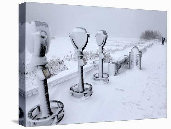 Telescope Viewers are Covered in Snow Overlooking Lighthouse Beach in Chatham, Massachusetts-null-Stretched Canvas