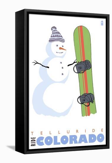 Telluride, Colorado, Snowman with Snowboard-Lantern Press-Framed Stretched Canvas