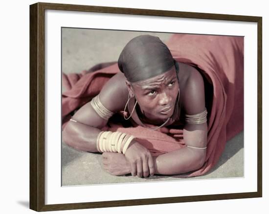 Tembu Miner Wearing Red Ochre Dyed Blanket Awaits Medial Check, Johannesburg, South Africa 1950-Margaret Bourke-White-Framed Photographic Print