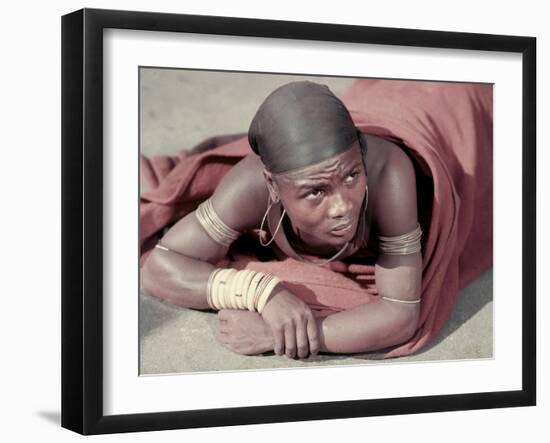 Tembu Miner Wearing Red Ochre Dyed Blanket Awaits Medial Check, Johannesburg, South Africa 1950-Margaret Bourke-White-Framed Photographic Print