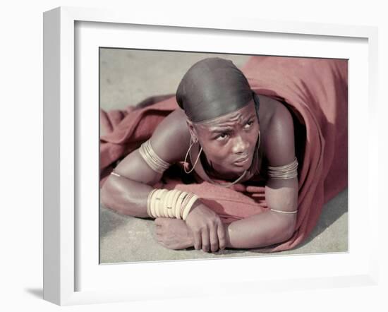 Tembu Miner Wearing Red Ochre Dyed Blanket Awaits Medial Check, Johannesburg, South Africa 1950-Margaret Bourke-White-Framed Photographic Print