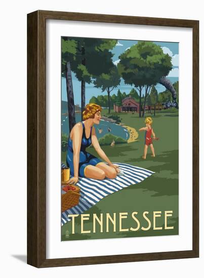 Tennessee - Lake and Picnic Scene-Lantern Press-Framed Art Print