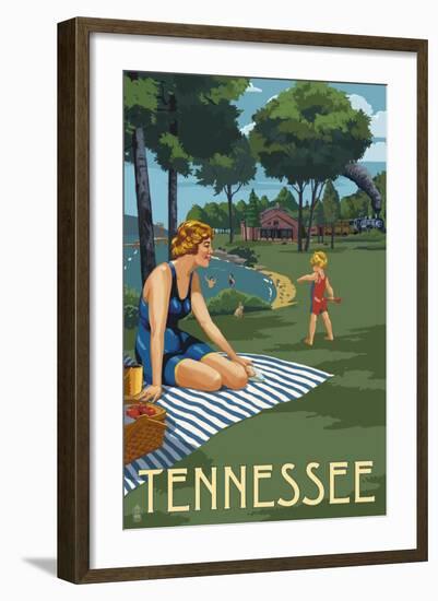 Tennessee - Lake and Picnic Scene-Lantern Press-Framed Art Print