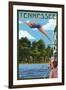 Tennessee - Woman Diving and Lake-Lantern Press-Framed Art Print