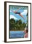 Tennessee - Woman Diving and Lake-Lantern Press-Framed Art Print