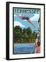 Tennessee - Woman Diving and Lake-Lantern Press-Framed Art Print