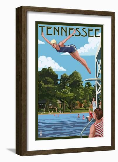 Tennessee - Woman Diving and Lake-Lantern Press-Framed Art Print