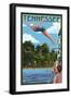 Tennessee - Woman Diving and Lake-Lantern Press-Framed Art Print