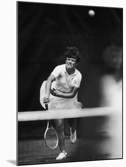 Tennis Player Billie Jean King in Action During US Championship Match at Forest Hills-Richard Meek-Mounted Premium Photographic Print