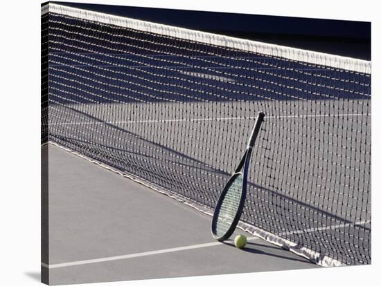 Tennis Racquet Against Net with Ball-Mitch Diamond-Stretched Canvas