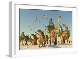 Tenontosaurus and Argentinosaurus Dinosaurs Migrating in Search of Water-Stocktrek Images-Framed Art Print