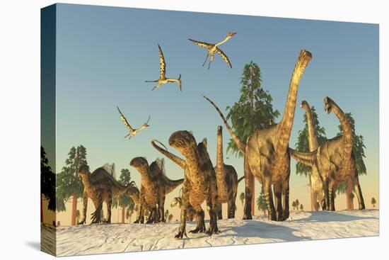 Tenontosaurus and Argentinosaurus Dinosaurs Migrating in Search of Water-Stocktrek Images-Stretched Canvas