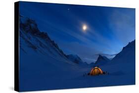 Tent in the Mountains on a Winter Night with Bright Moon in Lapland.-Sander van der Werf-Stretched Canvas