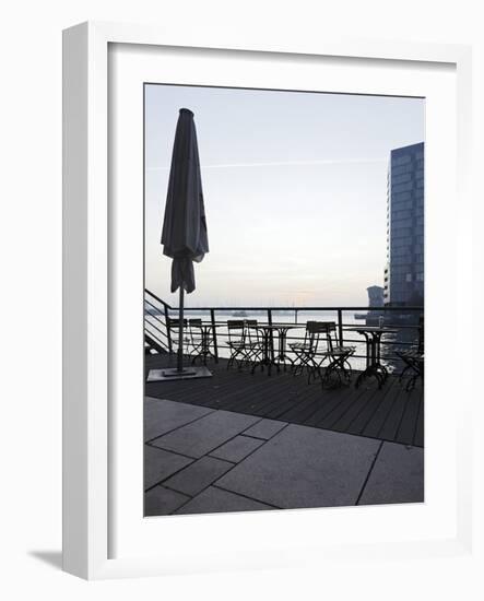 Terrace at the Elbufer, Fog in the Harbour, Holzhafen, Hanseatic City of Hamburg, Germany-Axel Schmies-Framed Photographic Print