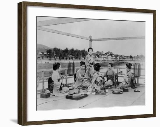 Terrace of a Tea House on the Banks of the Sumida, Tokyo, C.1867-90 (Coloured Photo)-Felice Beato-Framed Photographic Print