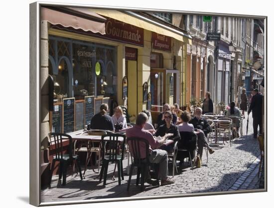 Terrace Tables Outside the Many Cafes and Restaurants on Rue De Lille in Old Quarter of Boulogne-Hazel Stuart-Framed Photographic Print