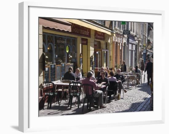 Terrace Tables Outside the Many Cafes and Restaurants on Rue De Lille in Old Quarter of Boulogne-Hazel Stuart-Framed Photographic Print