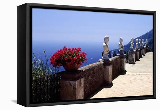 Terrace with Statues and Amalfi Coast View-George Oze-Framed Stretched Canvas