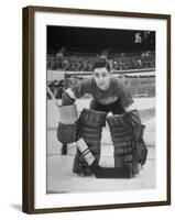 Terry Sawchuck, Star Goalie for the Detroit Red Wings, Posing in Front of Goal at Ice Arena-Alfred Eisenstaedt-Framed Premium Photographic Print