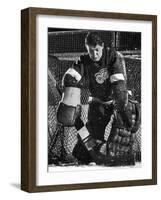 Terry Sawchuck, Star Goalie for the Detroit Red Wings, Warding Off Shot on Goal, at Ice Arena-Joe Scherschel-Framed Premium Photographic Print