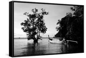 Tethered to a Mangrove Tree, a Long Tail Boat Floats Off Shore of East Railay Beach, Thailand-Dan Holz-Framed Stretched Canvas