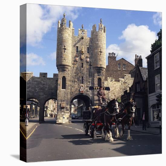 Tetley Shire Horses and Dray in Front of Micklegate Bar, York, North Yorkshire, 1969-Michael Walters-Stretched Canvas