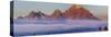 Teton Range mountains behind fog at sunrise, Grand Teton National Park, Wyoming, USA-Panoramic Images-Stretched Canvas