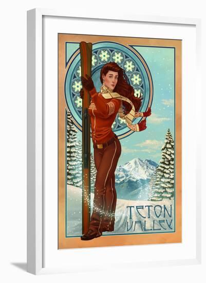 Teton Valley, Idaho - Art Nouveau Skier-Lantern Press-Framed Art Print