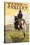 Teton Valley, Idaho - Cowboy on Ridge-Lantern Press-Stretched Canvas