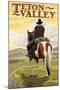 Teton Valley, Idaho - Cowboy on Ridge-Lantern Press-Mounted Art Print