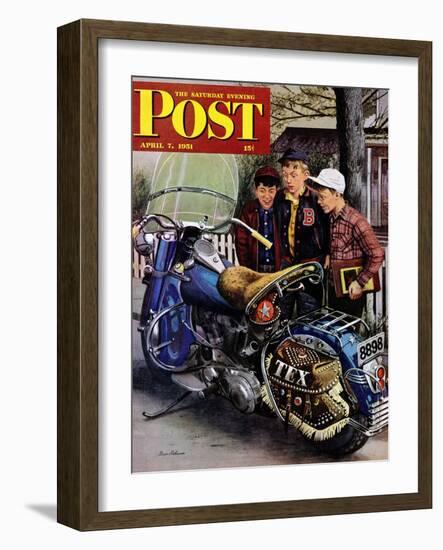 "Tex's Motorcycle" Saturday Evening Post Cover, April 7, 1951-Stevan Dohanos-Framed Giclee Print