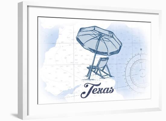 Texas - Beach Chair and Umbrella - Blue - Coastal Icon-Lantern Press-Framed Art Print