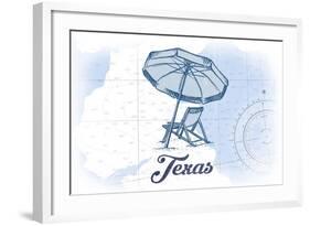 Texas - Beach Chair and Umbrella - Blue - Coastal Icon-Lantern Press-Framed Art Print